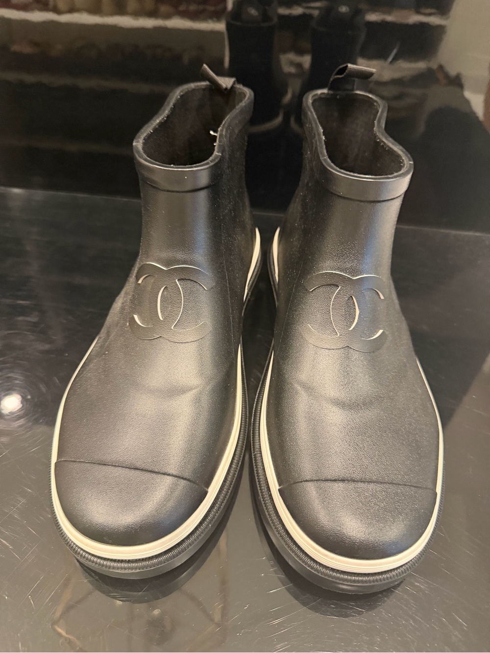 CHANEL Black Rubber CC Logo Ankle Boots with Cream Trim size 38